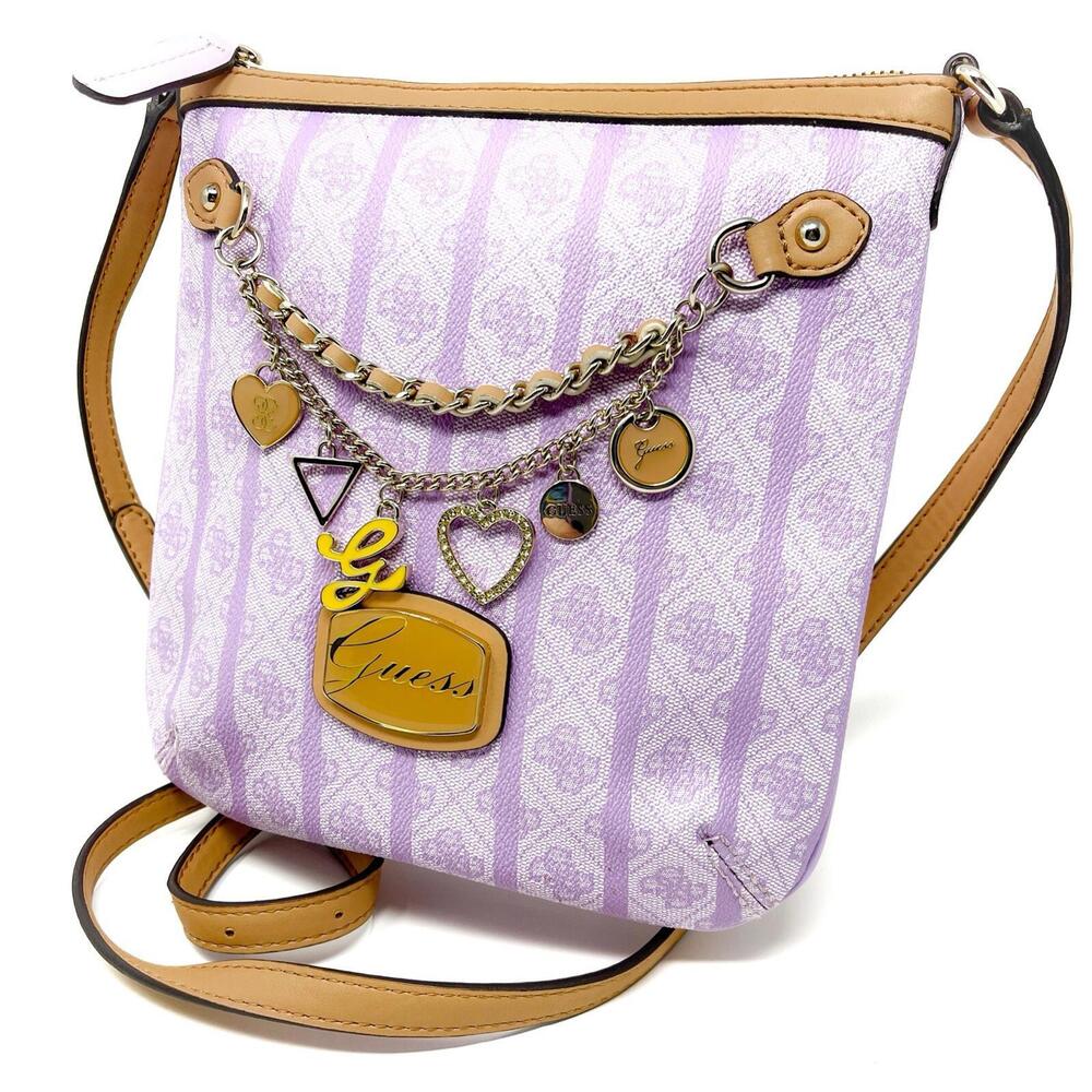 Guess Purple Crossbody Purse Bag Shoulderbag w/ Charms‎ Tan Brown Trim NWoT Rare